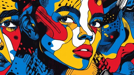 Abstract colorful faces, bold lines, vibrant hues.