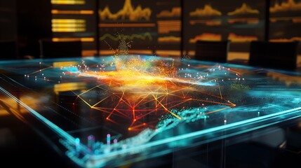 Holographic display of global sales data with interconnected nodes and dynamic charts over a corporate conference table.