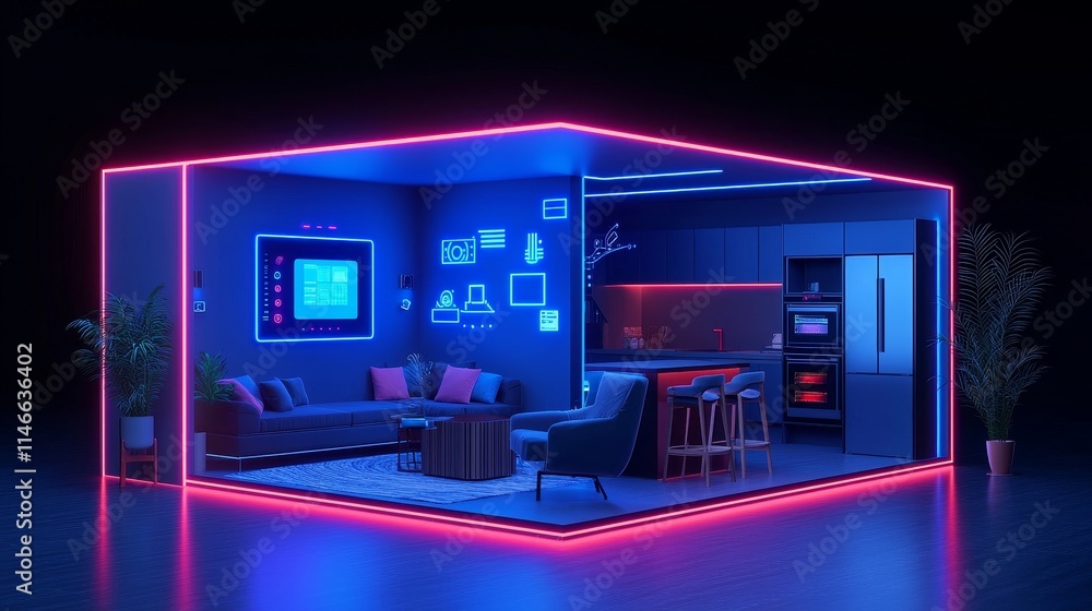 Poster a futuristic home interior utilizing ai, augmented reality interfaces, and iot devices for automated