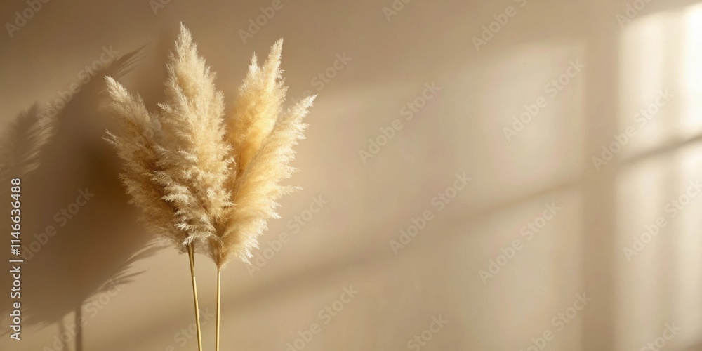 Poster feathery plumes of pampas grass bask in the warm glow of sunlight streaming through a window, castin