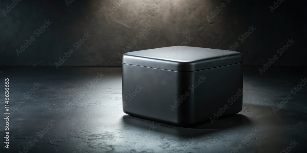 Aufkleber A solitary black box resting on a dark textured surface, illuminated by a single beam of light from above.