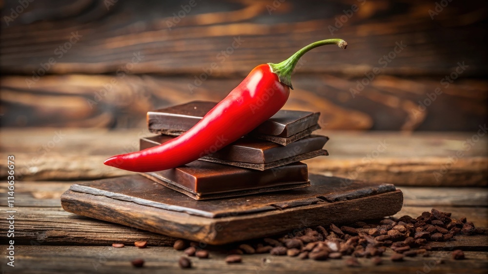 Poster A single red chili pepper resting atop a stack of dark chocolate squares, surrounded by scattered cocoa beans on a rustic wooden surface.
