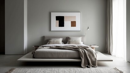 Modern minimalist bedroom featuring neutral tones, stylish bedding, abstract wall art, soft lighting, and cozy textures, creating a serene ambiance.