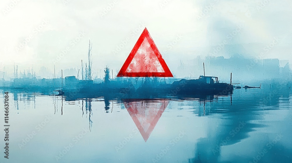 Poster a red warning triangle floating in a digital context, symbolizing cybersecurity threats.