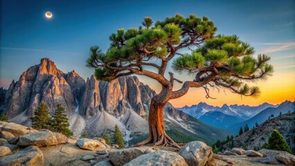 A Solitary Pine Tree Stands Tall Against a Backdrop of Majestic Mountains and a Striking Sunset Sky