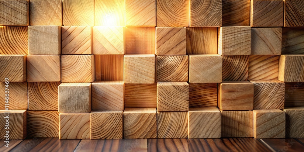 Leinwandbilder a close-up view of a wall made of stacked wooden blocks, illuminated by warm sunlight from above, cr