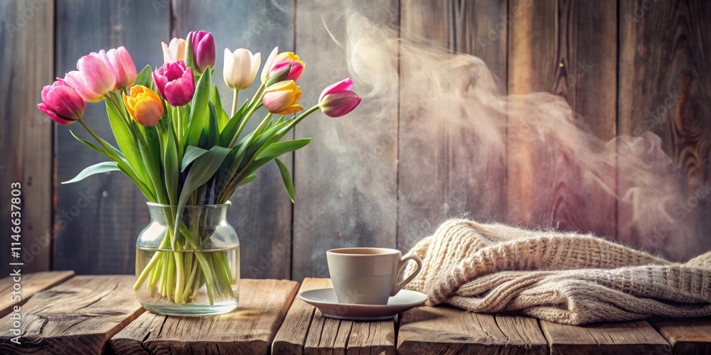 Poster a cup of warmth and a bouquet of spring colors on a rustic wooden table