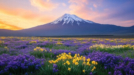 majestic mountain sunrise over blooming wildflower meadow