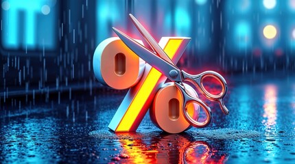Interest rate Cut, Colorful percentage symbol with scissors on a rainy surface, symbolizing discounts.