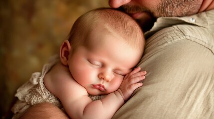Tender Moment of Father Holding Sleeping Baby in Warm Embrace, Capturing the Essence of Love, Bonding, and Serenity in Natural Light Photography