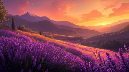 Obraz premium sunset lavender field in rolling hills