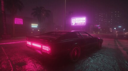 Fototapeta premium Retro City Night Drive Neon Lights Classic Car