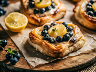 Delicious close-up pastry with lemon curd and blueberries, decorated with lemon zest and fresh blueberries. Tasty Food background
