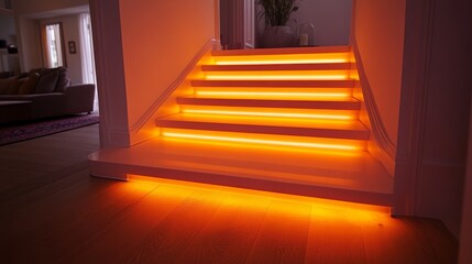 Illuminated modern staircase with warm orange lighting