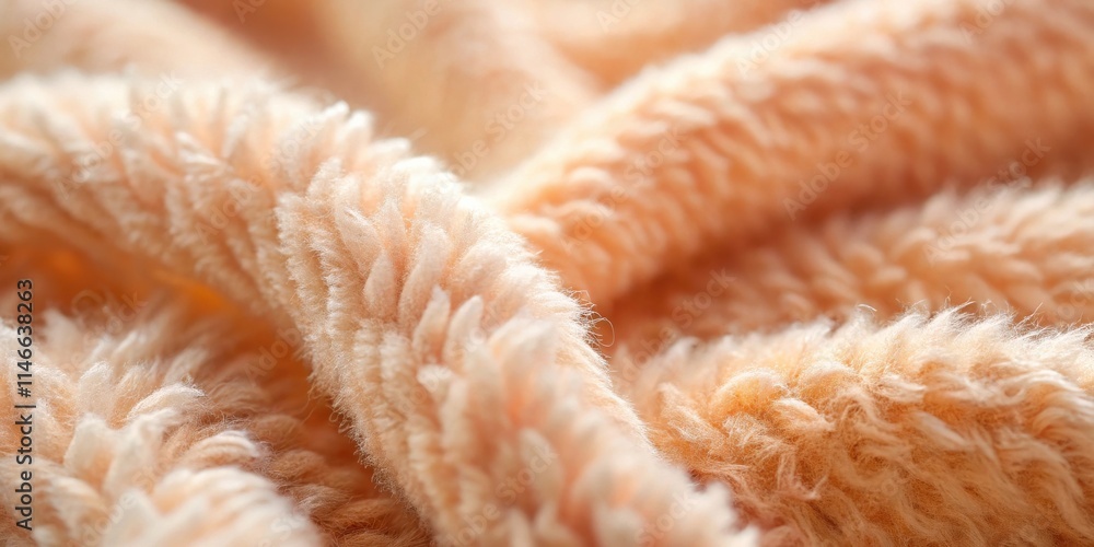 Poster A close-up view of soft, peach-colored fabric with a fuzzy texture, highlighting the intricate details of the fibers and the delicate folds of the material.