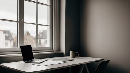 Modern workspace featuring a laptop, notebook, and coffee mug by a large window. The setting emphasizes minimalistic grey tones and a clean