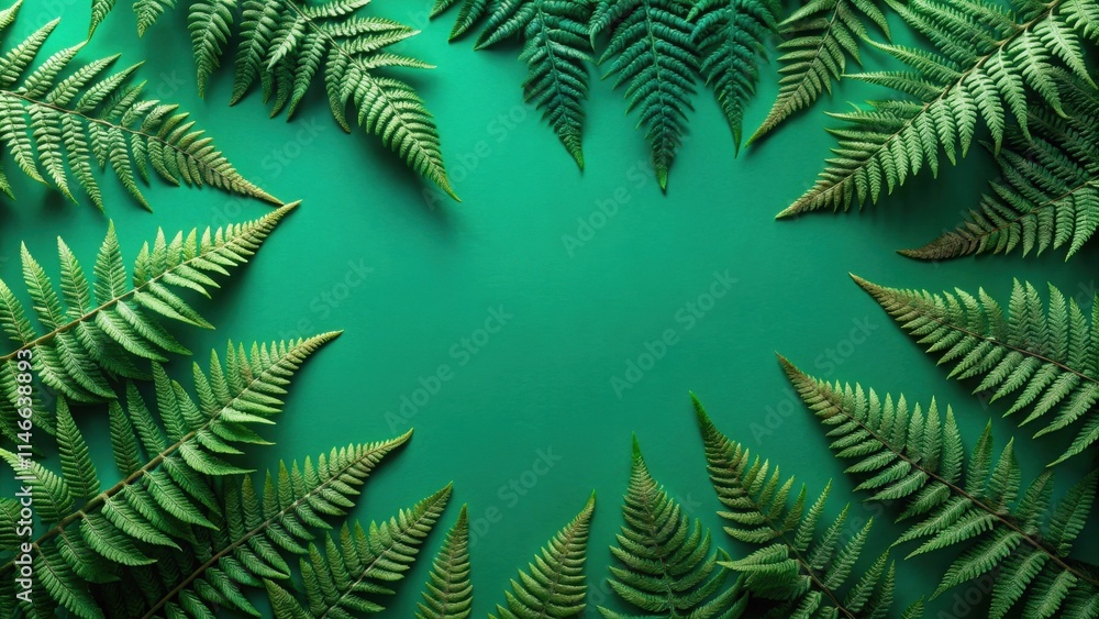 Aufkleber a vibrant green background adorned with fern fronds, creating a frame for your message or design.