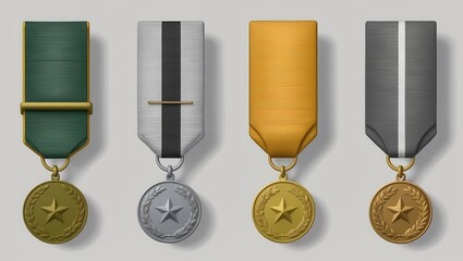 A diverse collection of medals including gold, silver, bronze, and green awards with unique ribbons, ideal for themes of recognition and achievement.