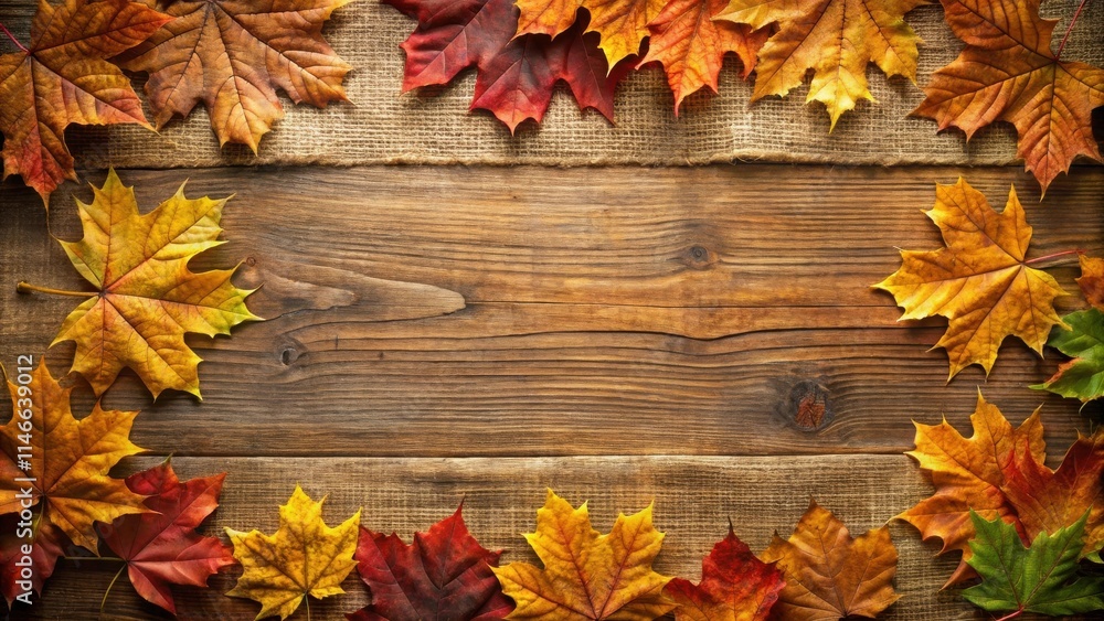 Poster autumn leaves frame rustic wooden background with burlap border