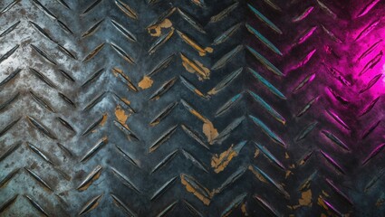 Textured metal surface with chevron patterns, showcasing wear and scratches, illuminated by dramatic purple lighting.