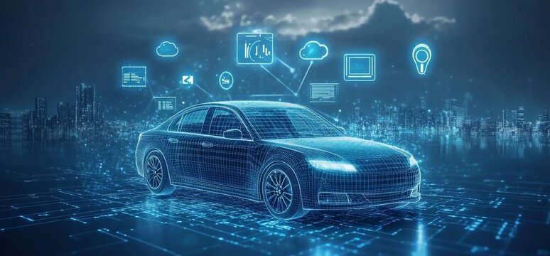 A digital representation of a car with connected technology elements.