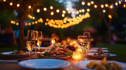 Romantic outdoor dinner party at night with string lights.