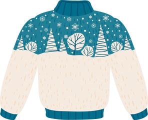 Warm knitted sweater with a festive design featuring a winter forest scene with snowflakes, perfect for cozy winter days and holiday celebrations, is lying flat