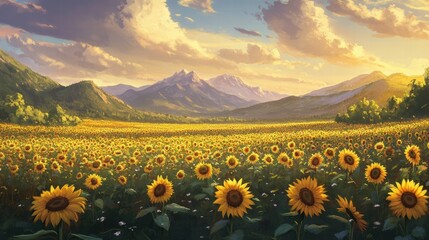 sunflowers field at sunset with mountain view