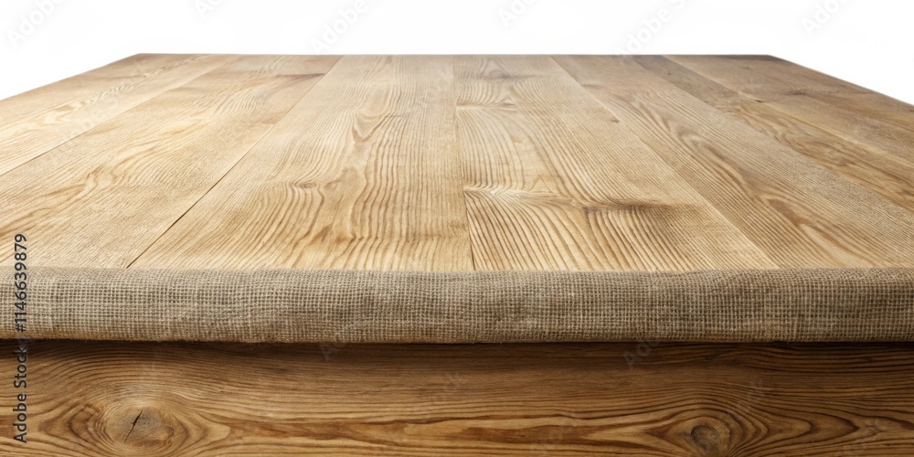 Poster Rustic Wooden Tabletop with Folded Burlap Edge, Perfect for Displaying Products or Creating a Warm and Inviting Ambiance