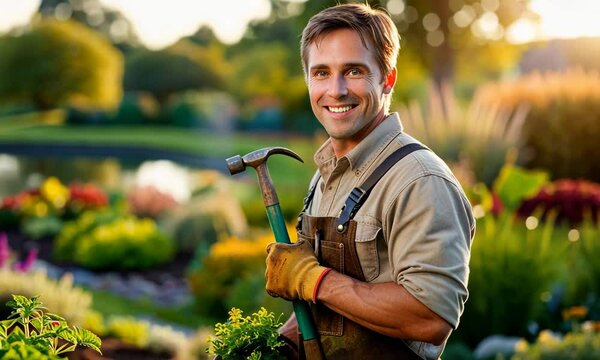 A cheerful gardener in overalls and gloves holds a gardening hoe while standing in a vibrant, lush garden filled with colorful flowers and plants