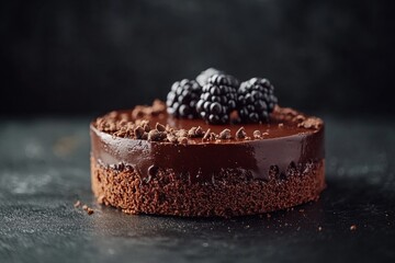 A decadent chocolate cake topped with blackberries and chocolate shavings.