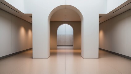 Minimalist hallway featuring arches, soft lighting, and smooth surfaces. Modern architecture creates a tranquil and inviting atmosphere.