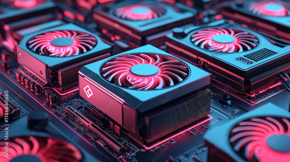 Poster cryptocurrency mining: an abstract depiction of mining hardware and digital money.