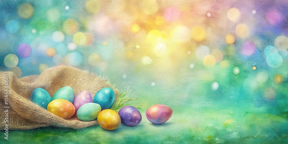 Poster a pastel watercolor spring backdrop features a burlap sack spilling colorful easter eggs, surrounded