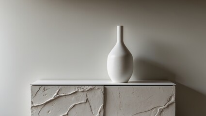 Minimalistic interior scene featuring textured cabinet and elegant white vase against neutral wall, creating a serene and modern aesthetic.
