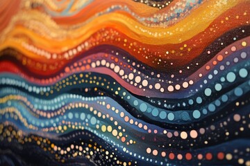 Abstract artwork: wavy lines, colorful dots.