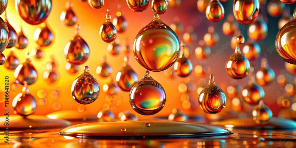 Poster a mesmerizing display of iridescent water droplets suspended in mid-air against a vibrant orange bac