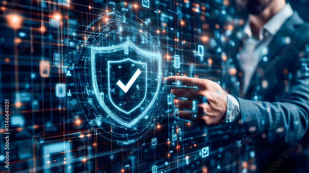 Aufkleber businessman interacting with digital shield security icon representing data protection and cybersecu