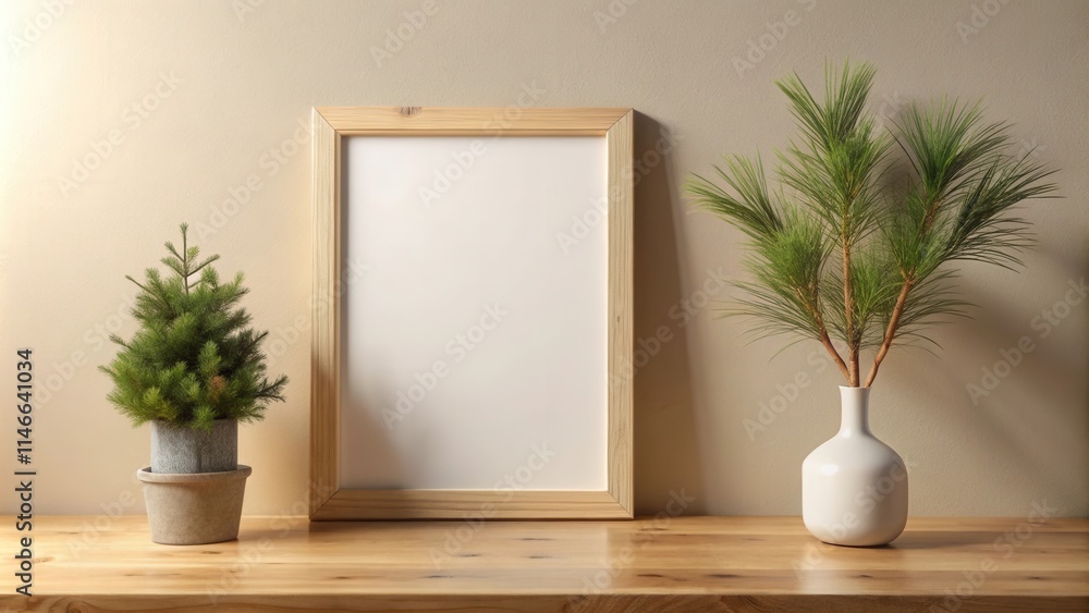 Poster Empty Picture Frame Mockup with Evergreen Branches and a Small Pine Tree on a Wooden Table
