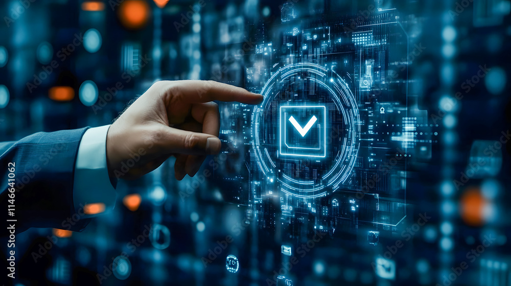 Poster futuristic technology concept with hand interacting with digital interface and checkmark symbol on s
