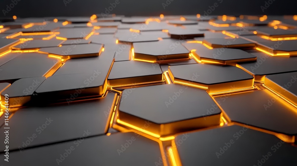 Poster a close-up view of a hexagonal pattern with glowing orange accents against a dark background, creati