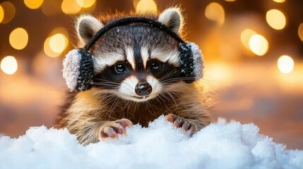 Adorable raccoon with headphones sitting in snow on a cozy winter night