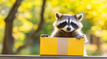 Curious raccoon with a yellow package in a vibrant autumn setting