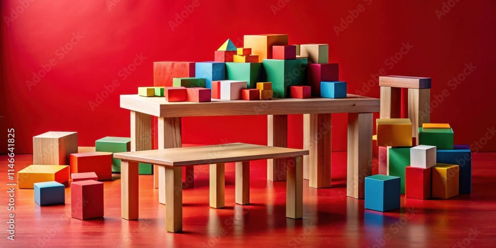 Aufkleber a wooden table and bench surrounded by brightly colored blocks against a vibrant red background.