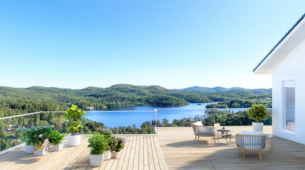 Naklejka premium A large rooftop garden terrace featuring an array of potted plants and a picturesque lake view.