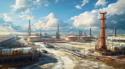Obraz premium Oil field A large area includes storage tanks, pumps, and pipelines, background wallpaper AI generated image