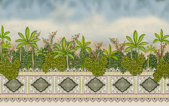 Mughal Garden Wall Oil-Paint Illustration Artwork for textile print