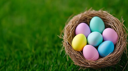 Obraz premium A nest filled with Easter eggs lies in the grass on a bright spring day.