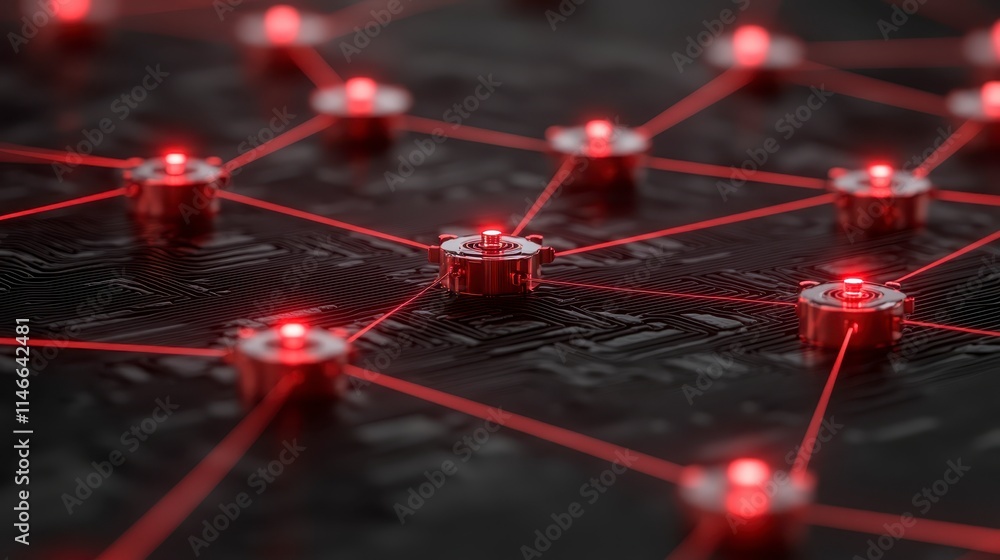 Poster a close-up view of a digital network with glowing red nodes interconnected by laser-like lines on a 