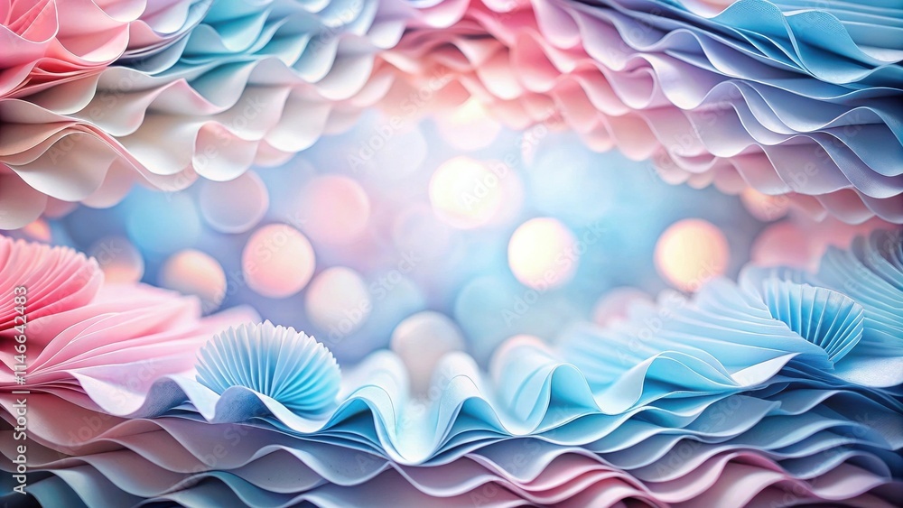 Poster abstract pastel colors background with delicate, wavy, pleated paper texture and bokeh lights